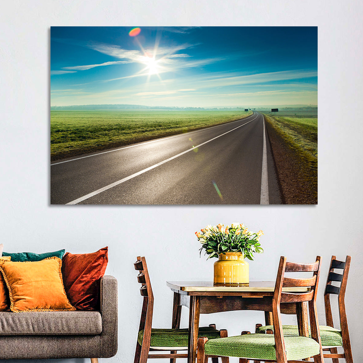 Sunlit Road Through Green Field Wall Art in a room, landscape