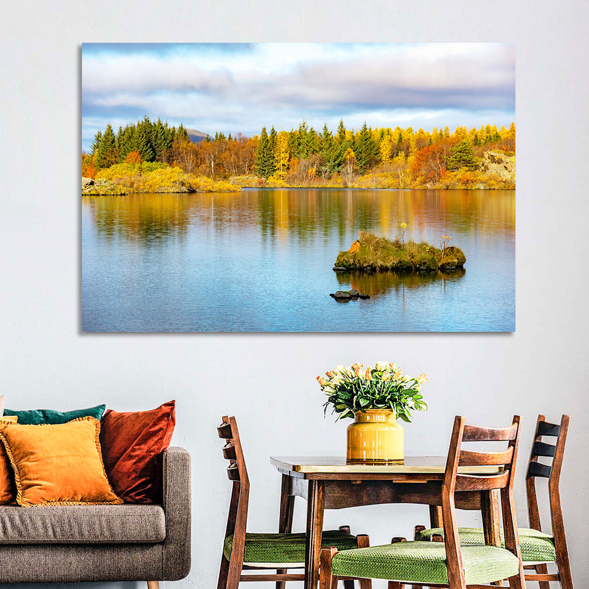 Autumn at Lake Myvatn Wall Art in a room, landscape