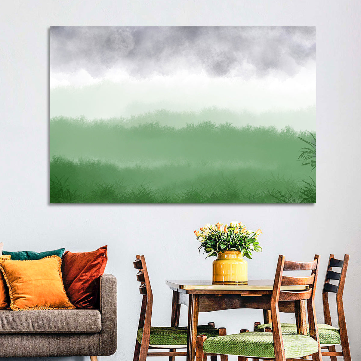 Misty Green Fields Wall Art in a room, landscape
