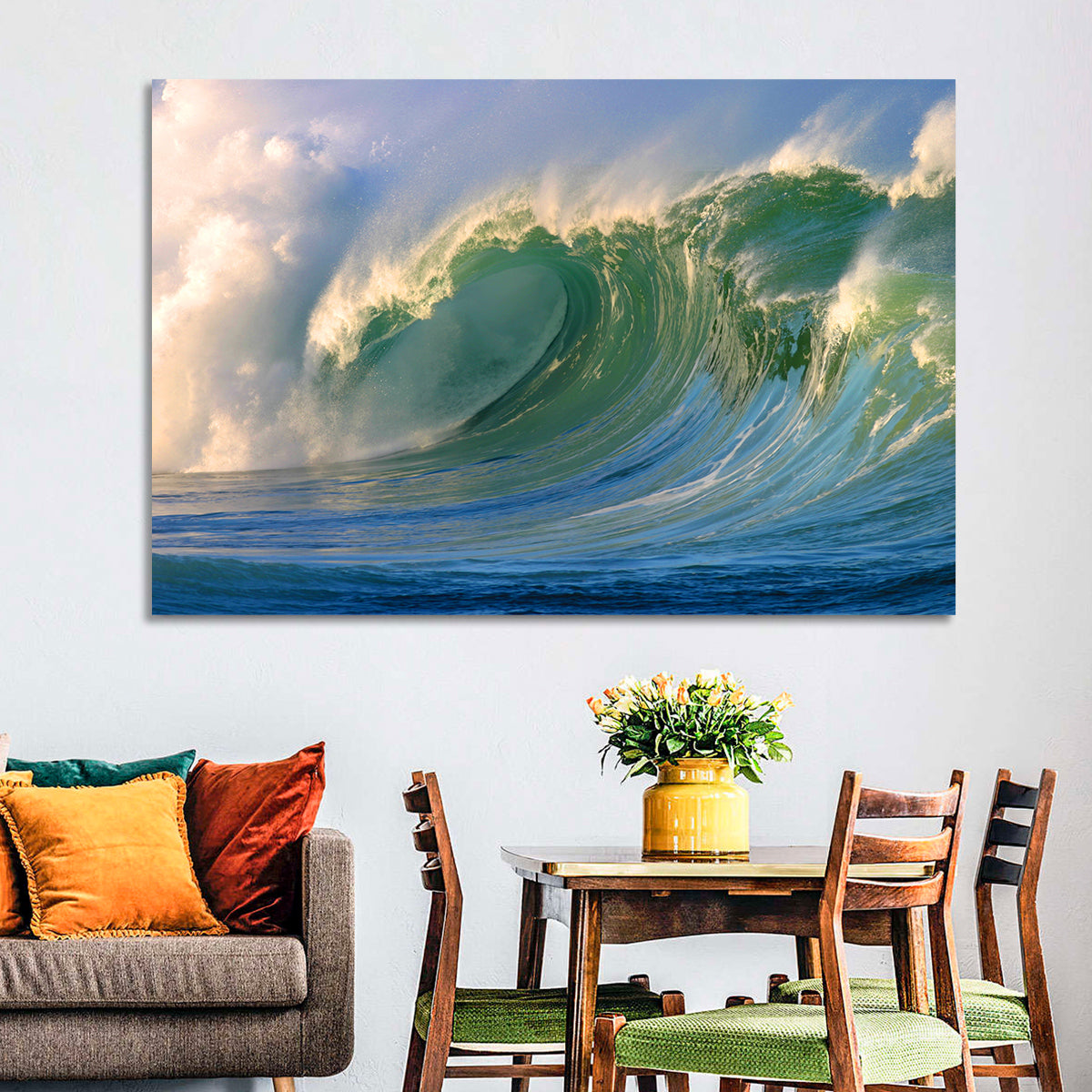 Golden Hour Barrel Wave Wall Art in a room, landscape