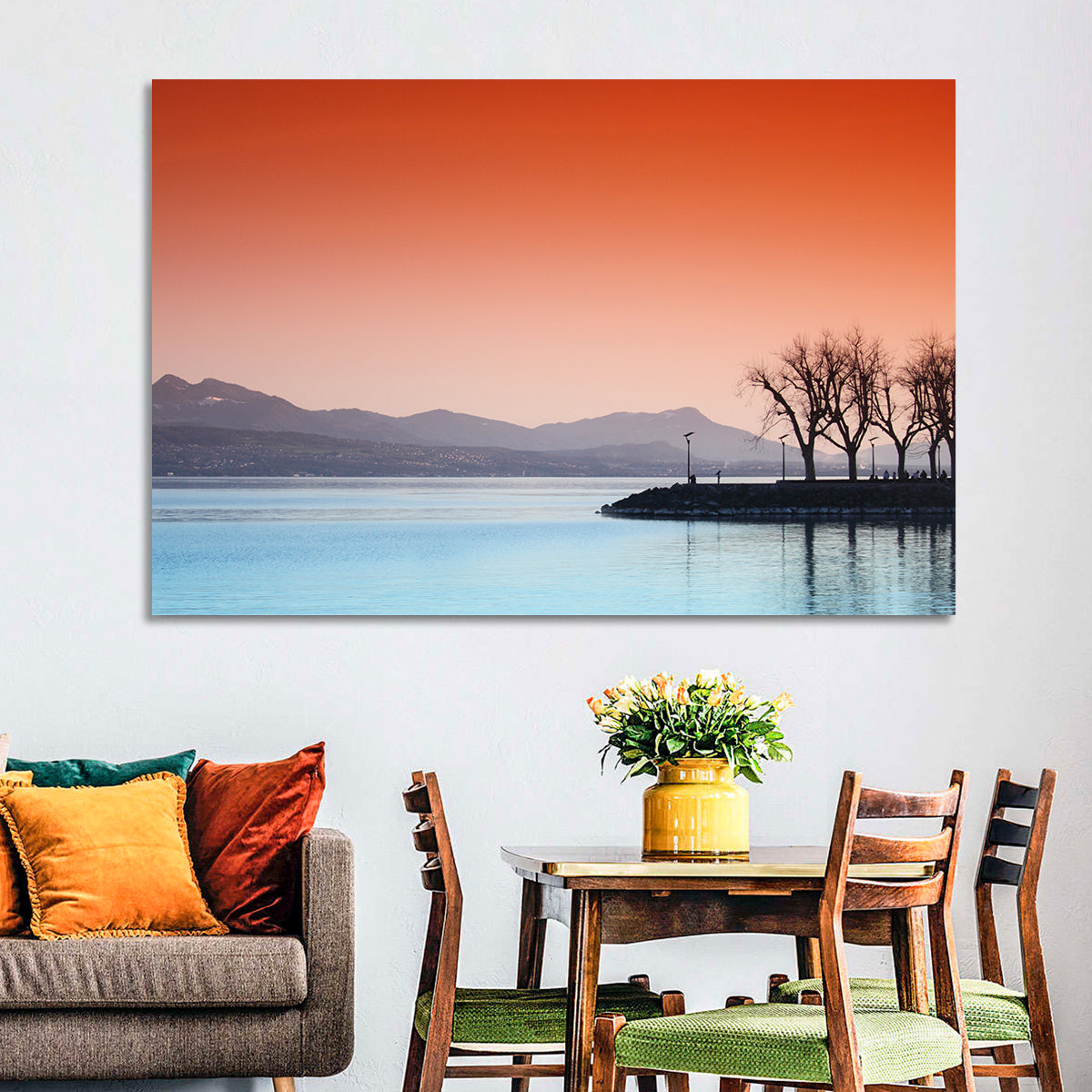 Lake Geneva Sunset Reflection Wall Art in a room, landscape