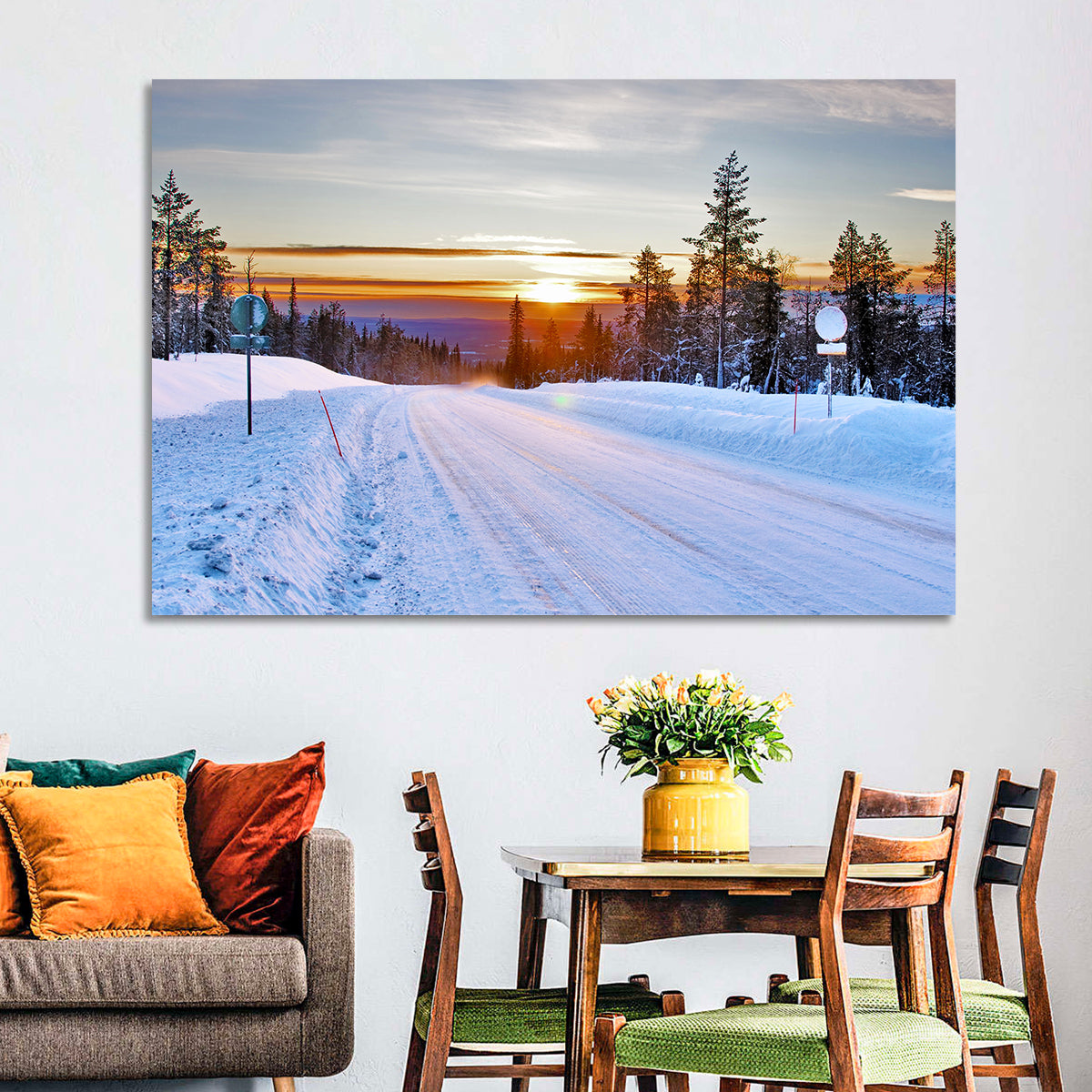 Snowy Road at Sunset Wall Art in a room, landscape