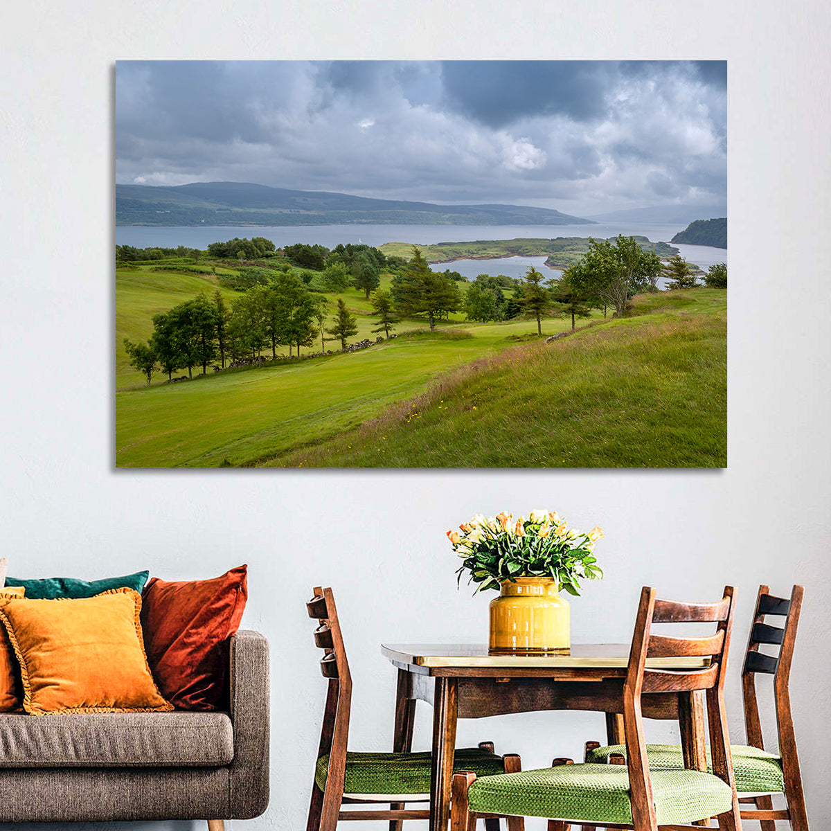 Tobermory Bay Coastal Hill Wall Art in a room, landscape