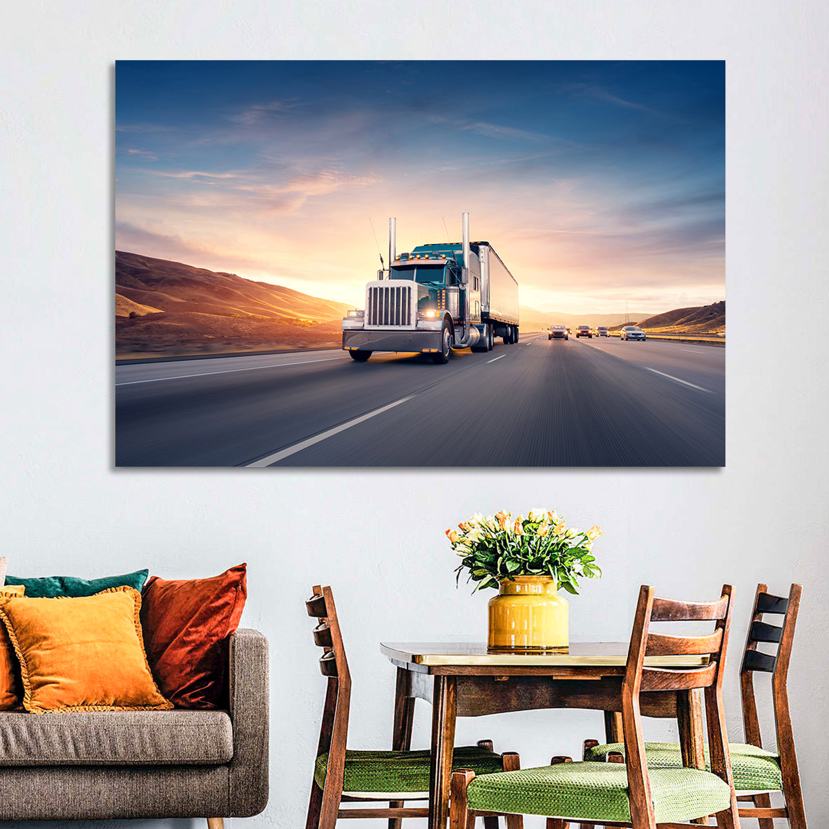 Semi Truck Highway Sunset Wall Art in a room, landscape
