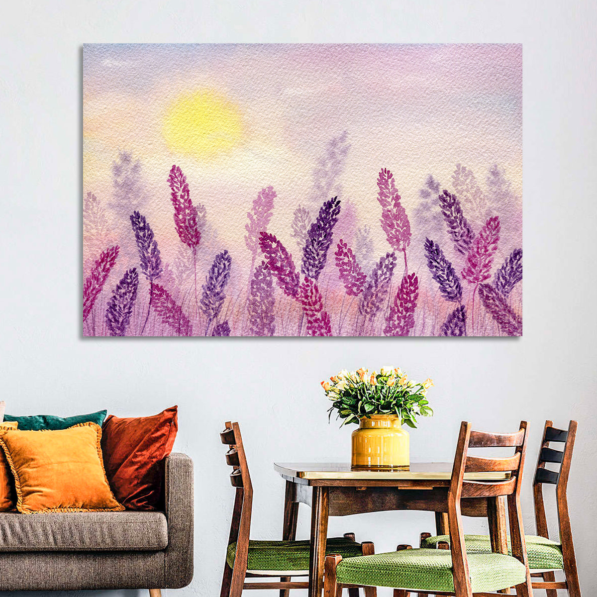 Sunlit Lavender Field Wall Art in a room, landscape