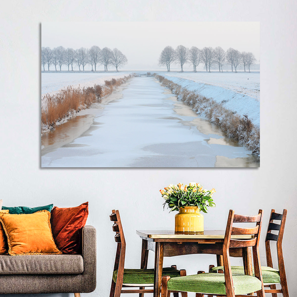 Frozen Canal with Bare Trees Wall Art in a room, landscape