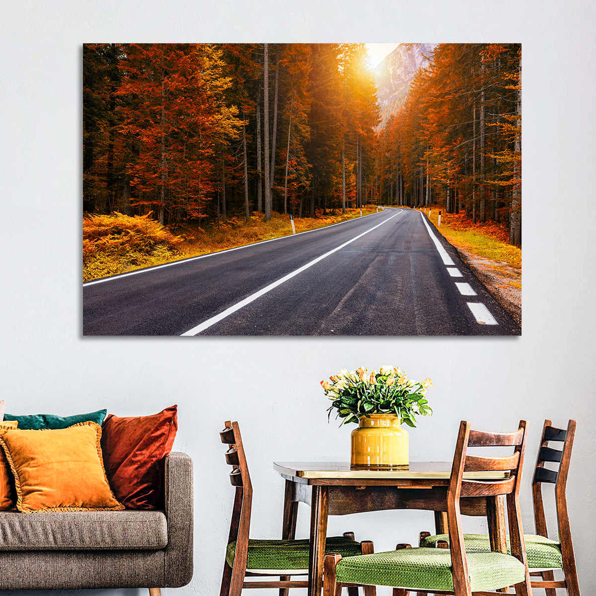 Golden Hour Forest Road Wall Art in a room, landscape