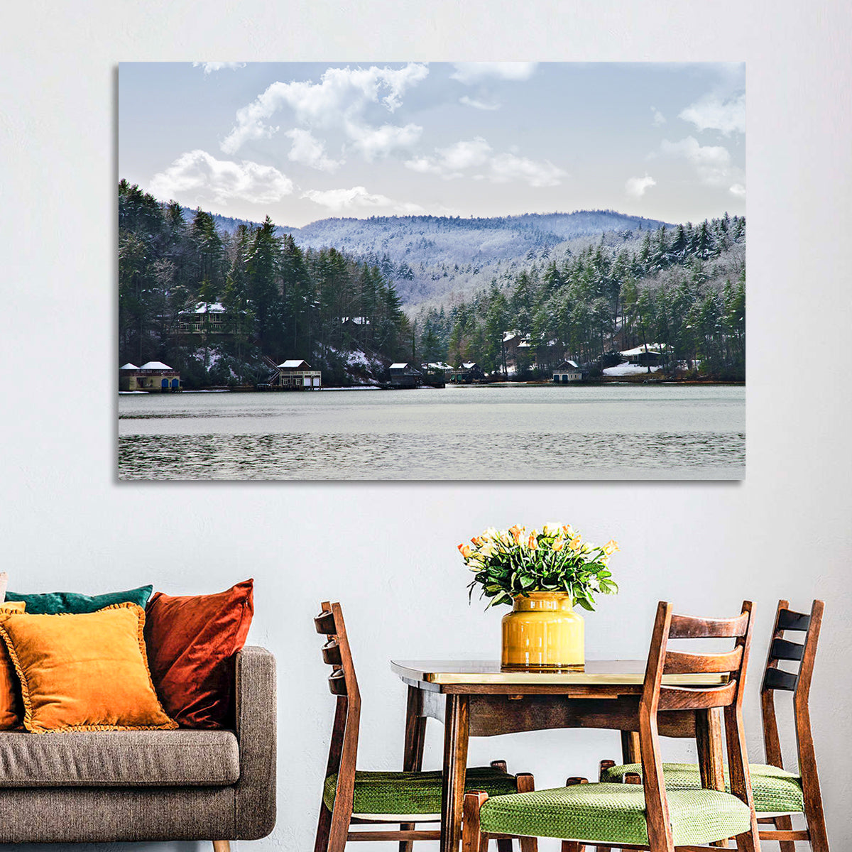 Lake Rabun Winter Scene Wall Art in a room, landscape