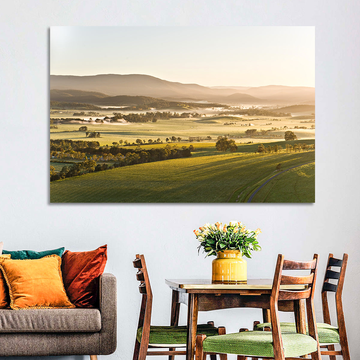 Yarra Valley Morning Mist Wall Art in a room, landscape