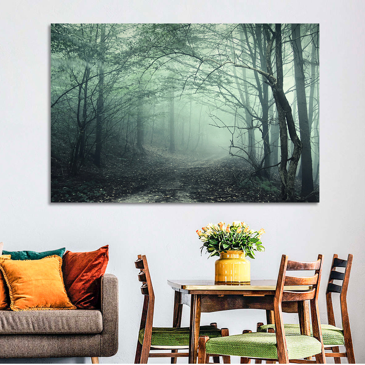Misty Forest Path Wall Art in a room, landscape