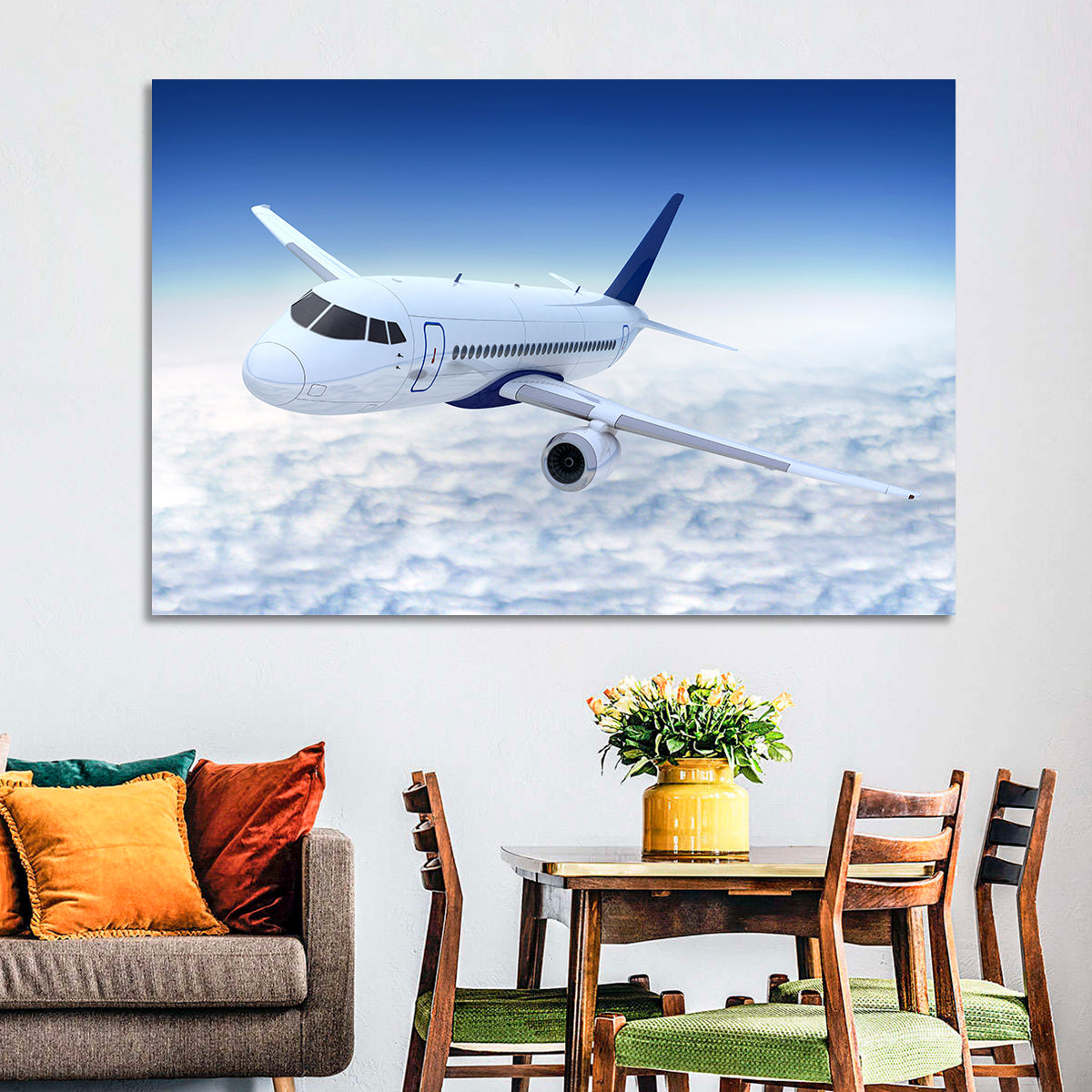 Commercial Jet Above Clouds Wall Art in a room, landscape
