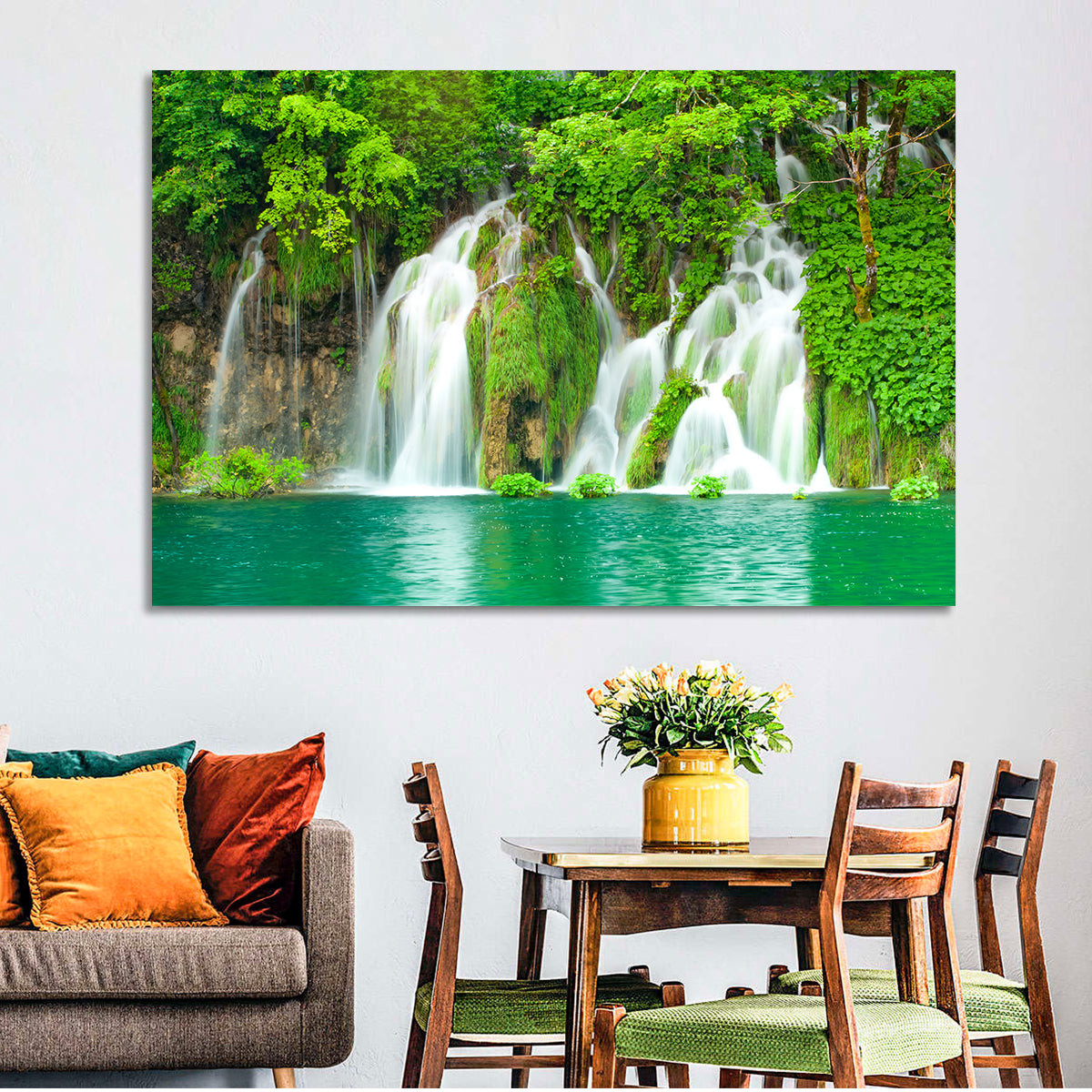 Plitvice Lakes Cascades Wall Art in a room, landscape