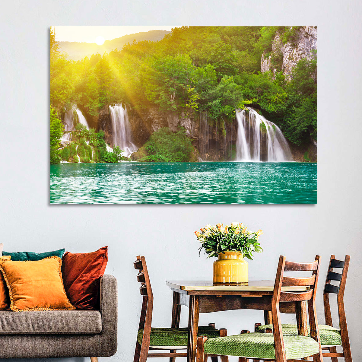 Plitvice Cascades at Sunrise Wall Art in a room, landscape