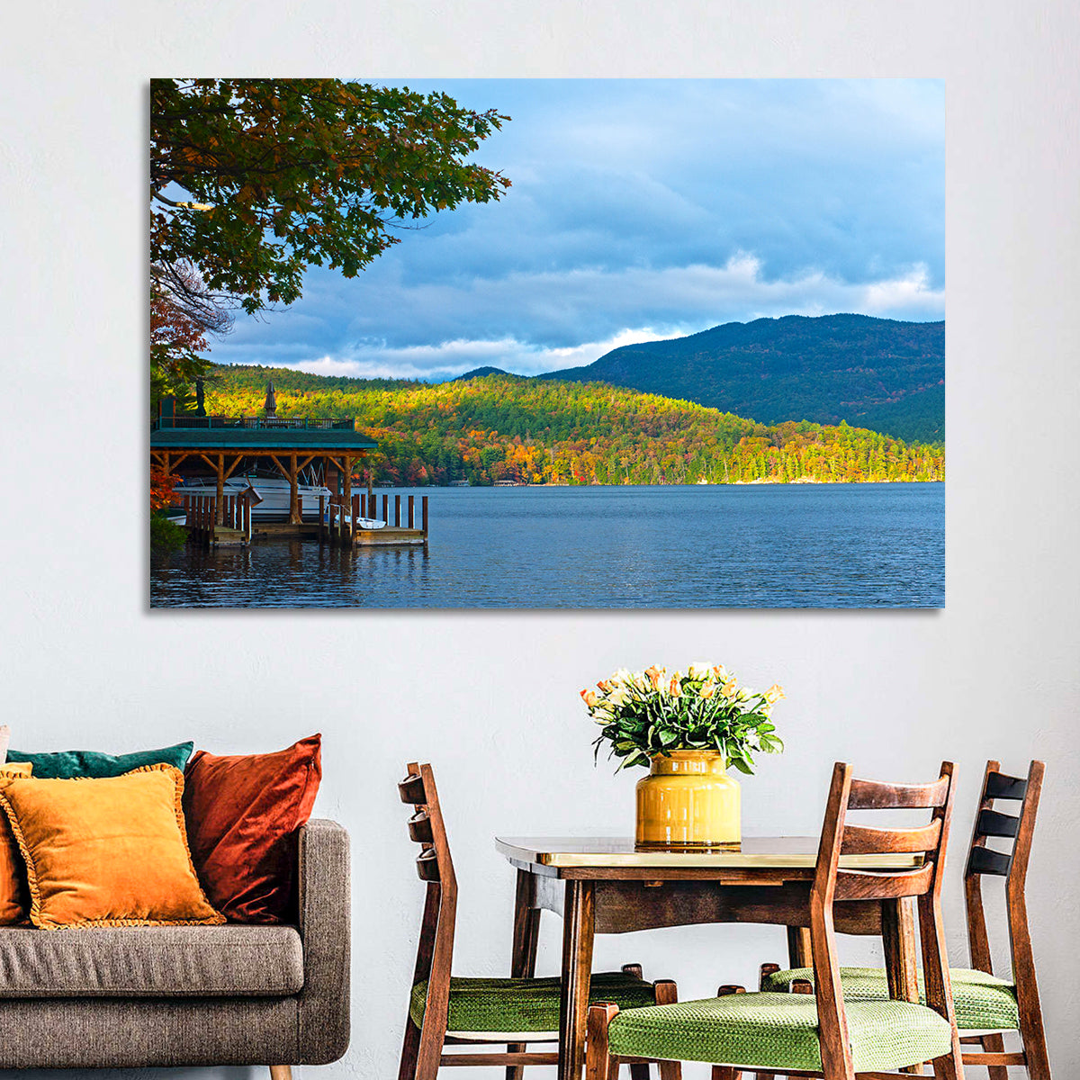 Lake George Boathouse in Autumn Wall Art in a room, landscape