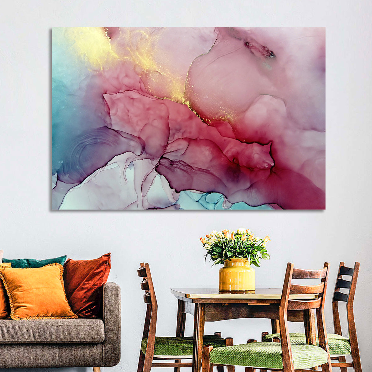 Pink and Gold Fluid Abstract Wall Art in a room, landscape