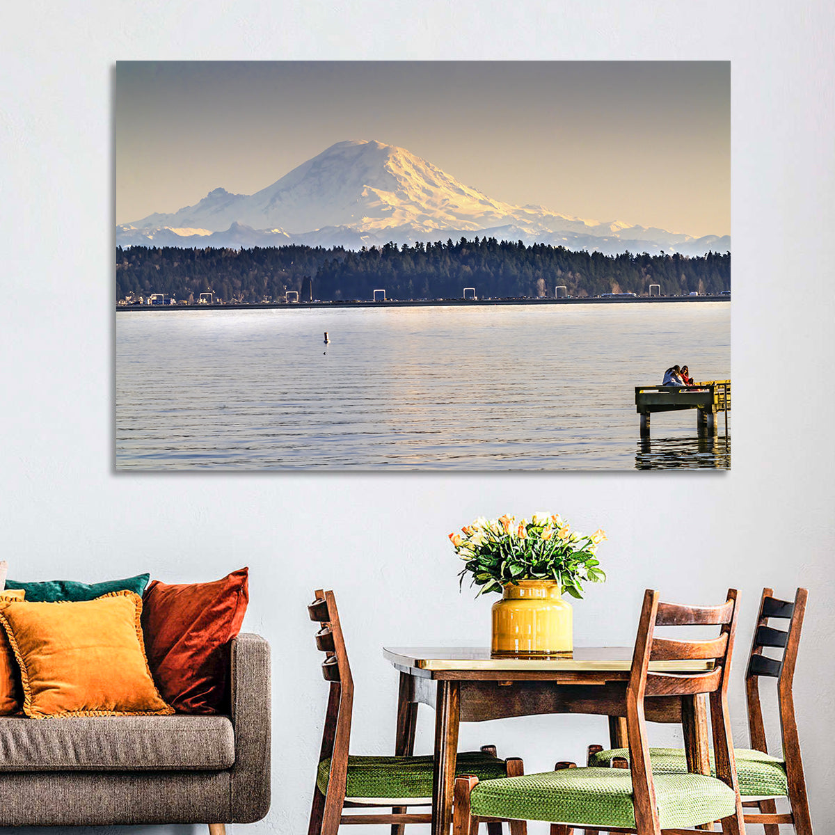 Mount Rainier Over Lake Washington Wall Art in a room, landscape
