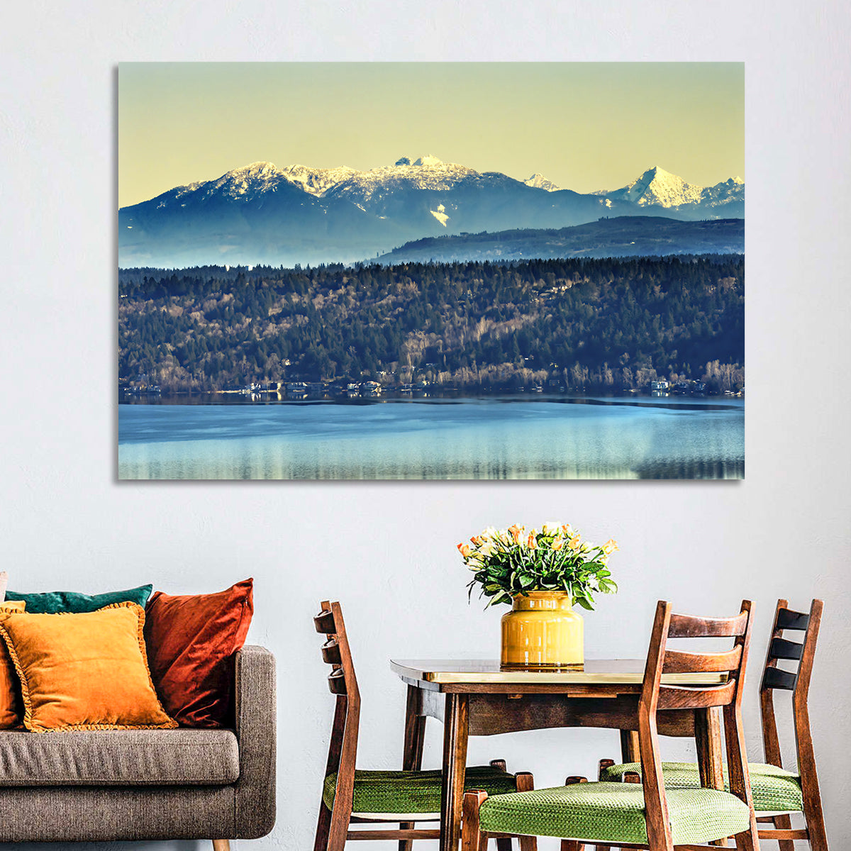 Lake Sammamish Reflection Wall Art in a room, landscape