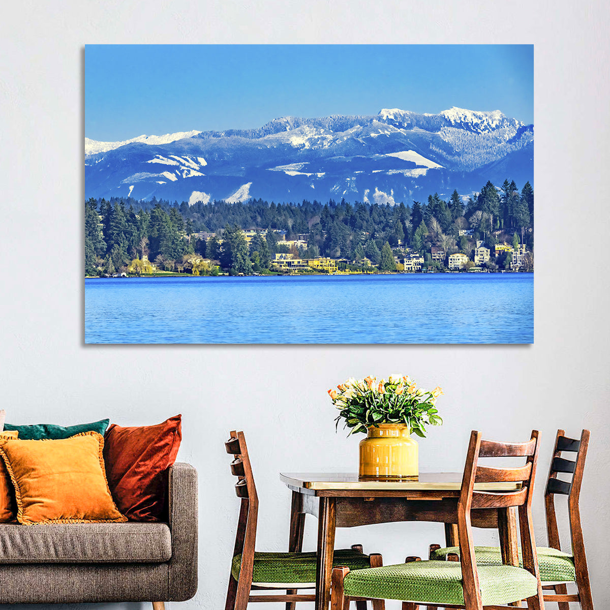 Lake Washington Snow-capped Peaks Wall Art in a room, landscape
