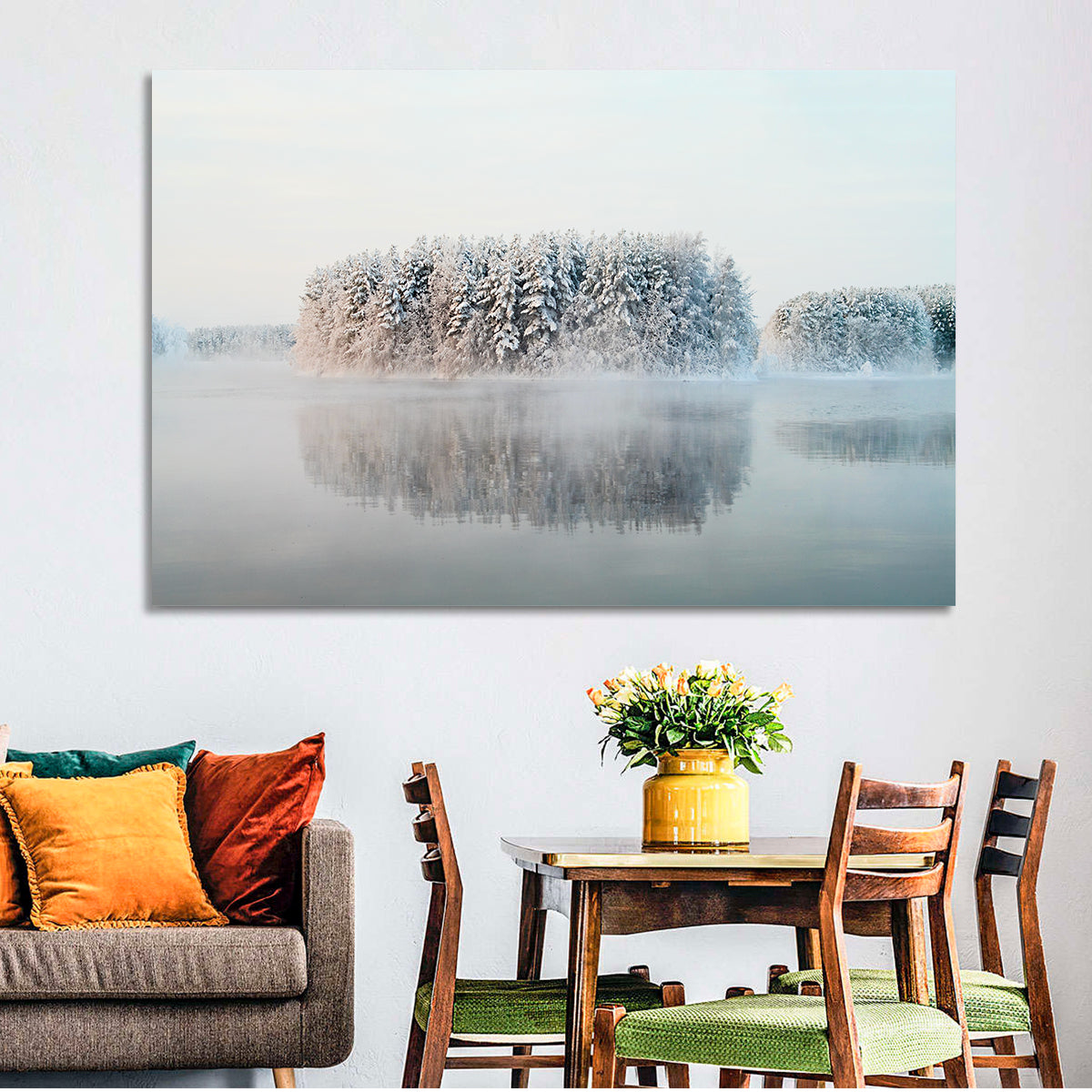 Misty Karelia Lake Wall Art in a room, landscape