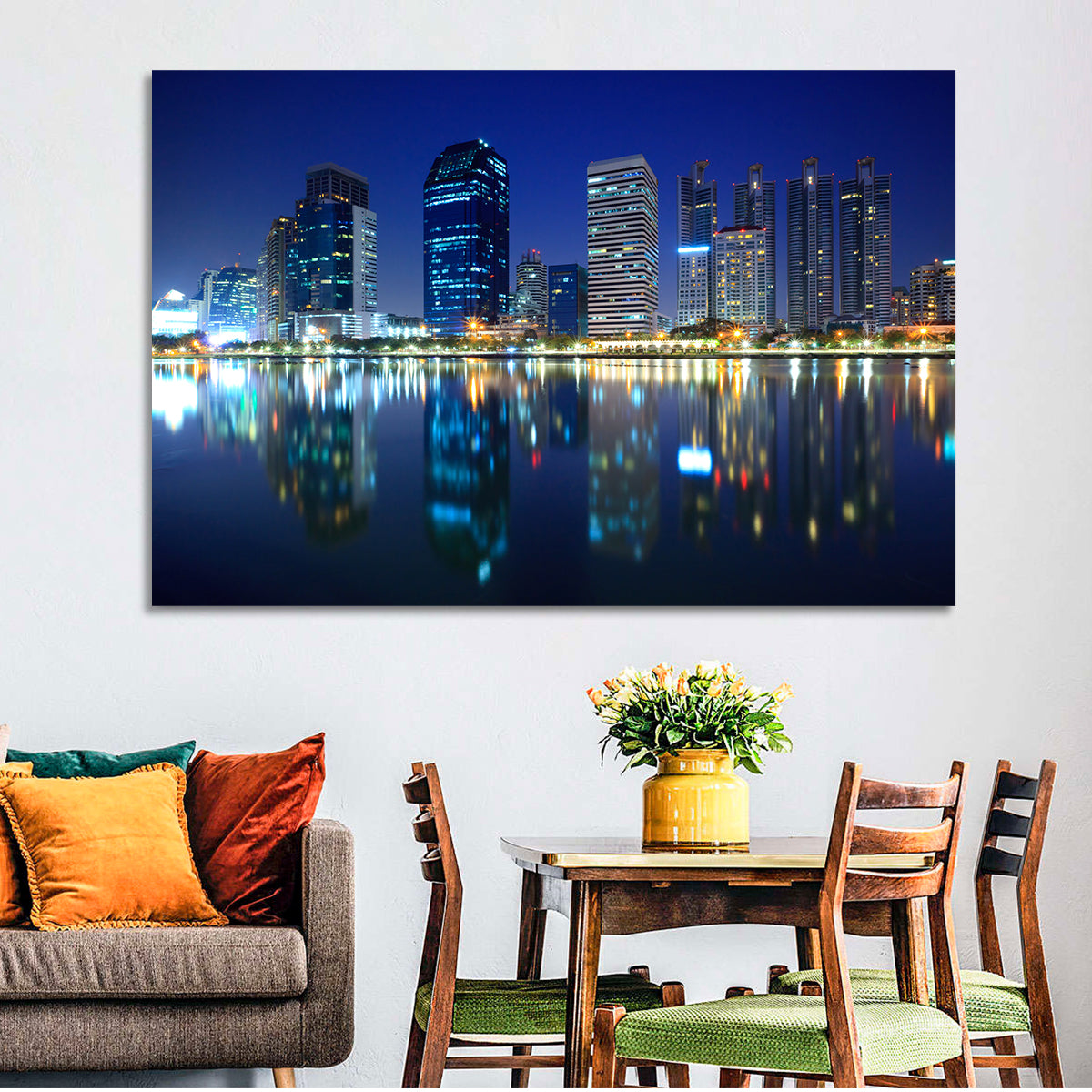 Benjakitti Park Night Skyline Wall Art in a room, landscape