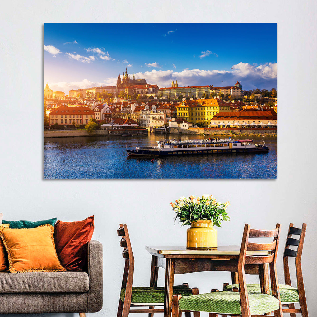 Prague Castle Golden Hour River View Wall Art in a room, landscape
