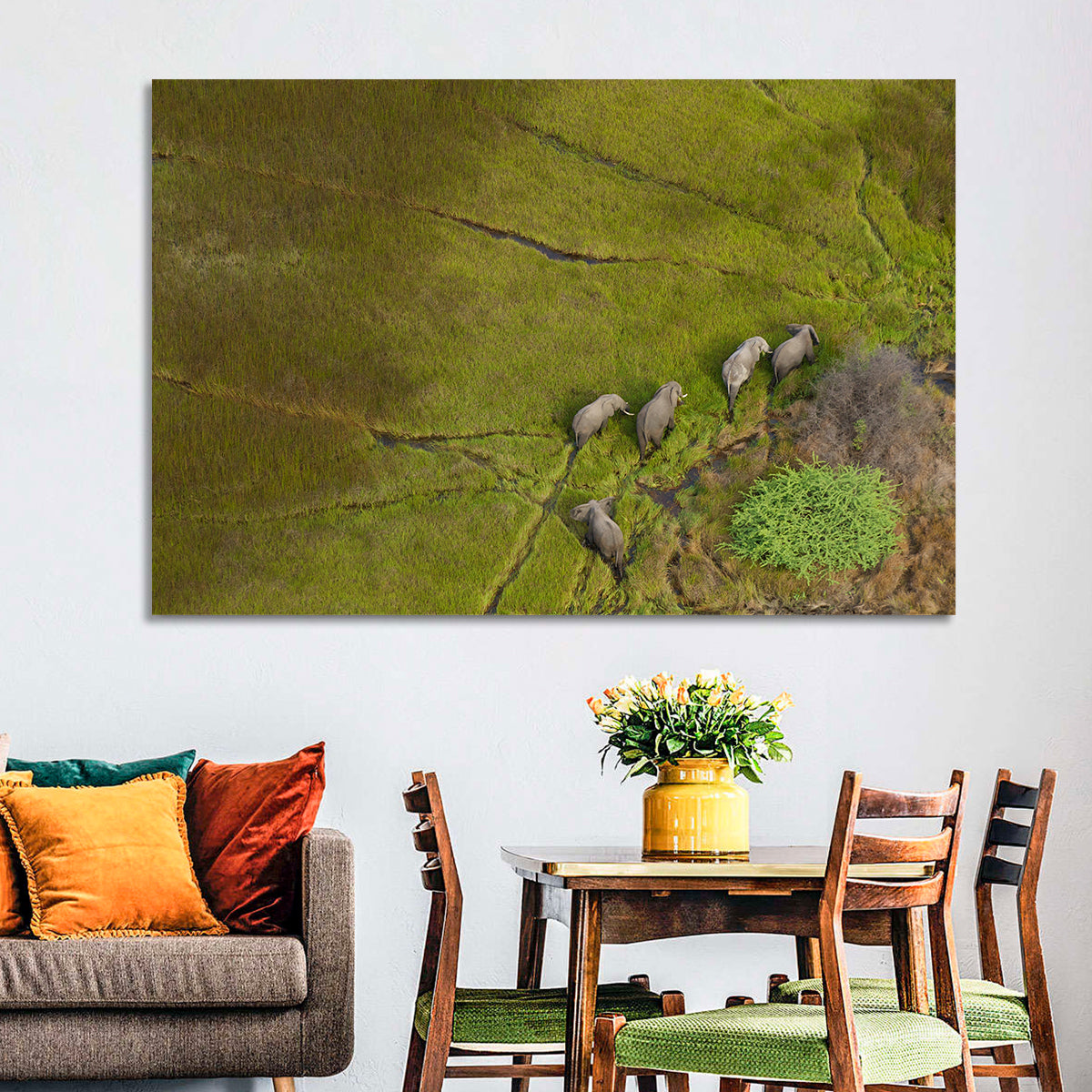 Aerial Herd of Elephants Wall Art in a room, landscape
