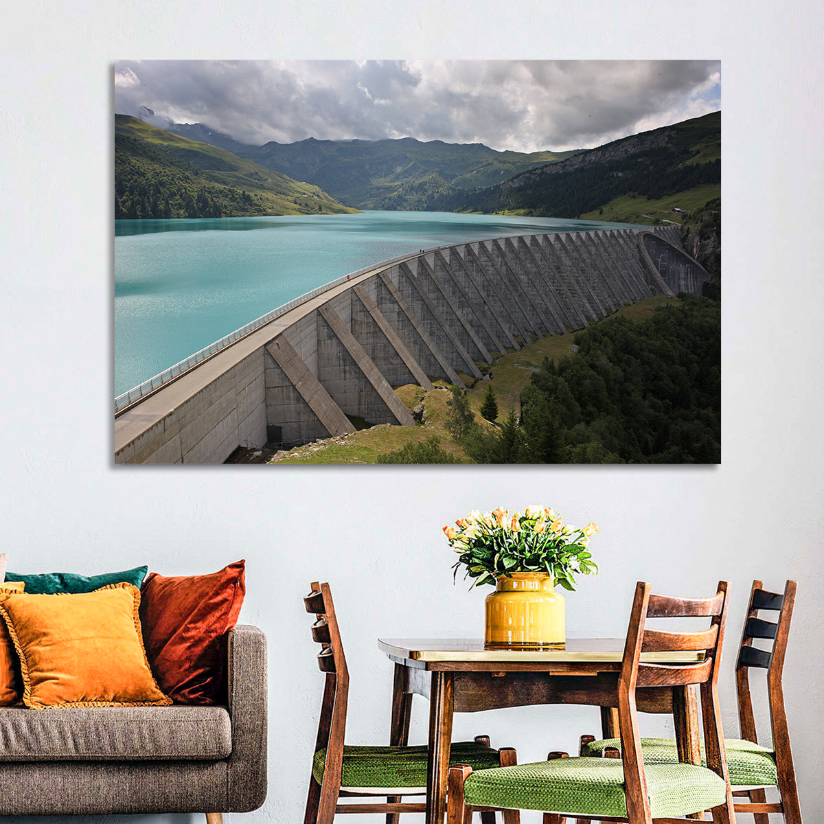Curved Dam on Turquoise Lake Wall Art in a room, landscape