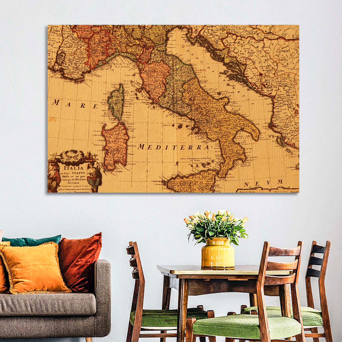 Antique Map of Italy with Ornate Cartouche Wall Art