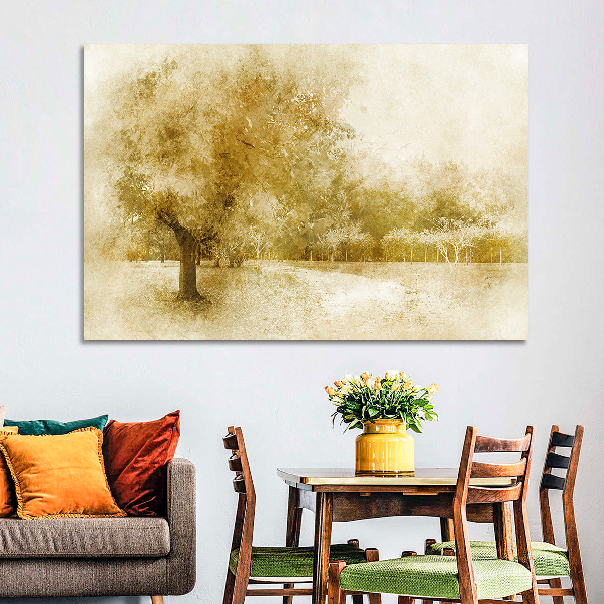 Sepia Orchard Pathway Wall Art in a room, landscape