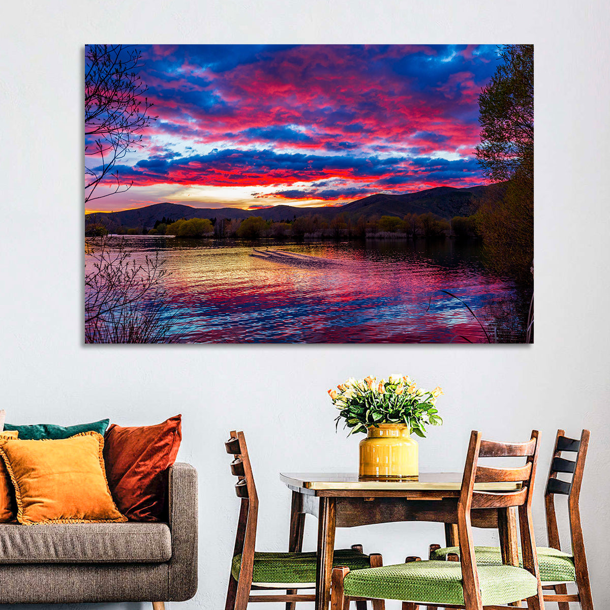 Lake Wairepo Arm Sunrise Reflection Wall Art in a room, landscape