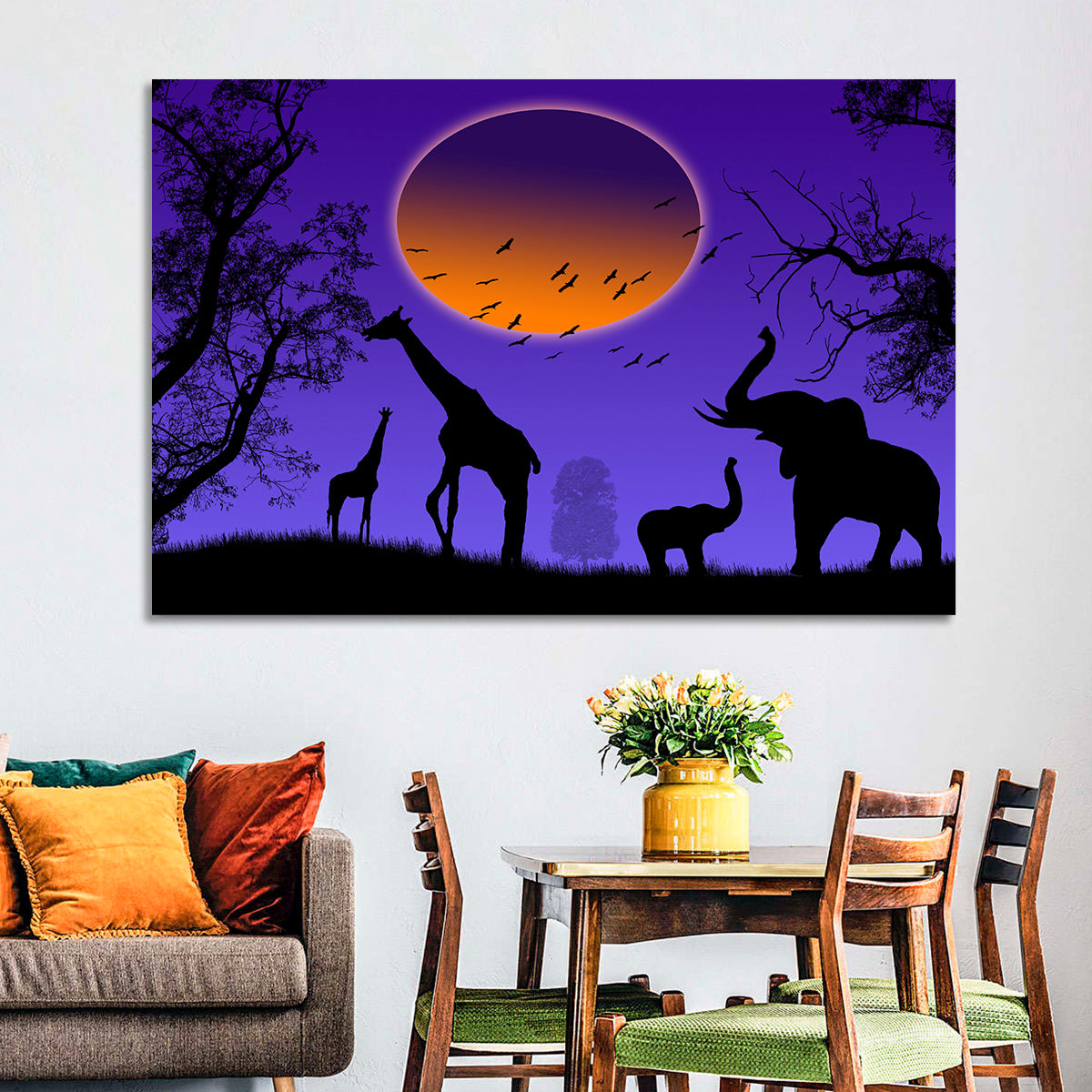 Sunset Savannah Silhouette Wall Art in a room, landscape