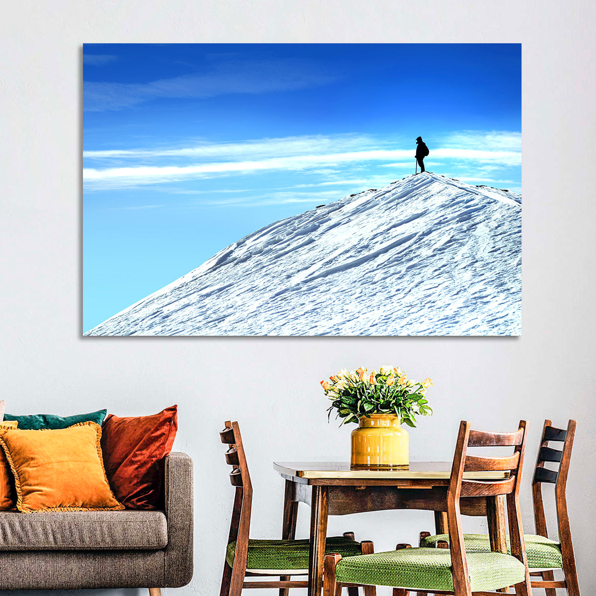Mountaineer Summit Silhouette Wall Art in a room, landscape