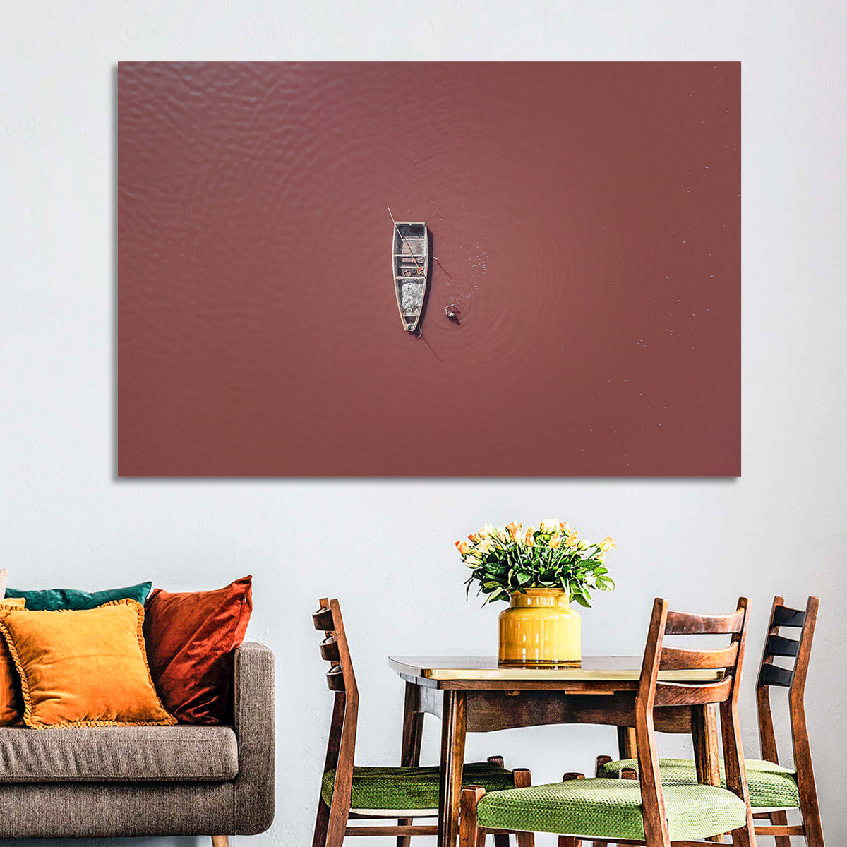 Lake Retba Aerial with Boat Wall Art in a room, landscape