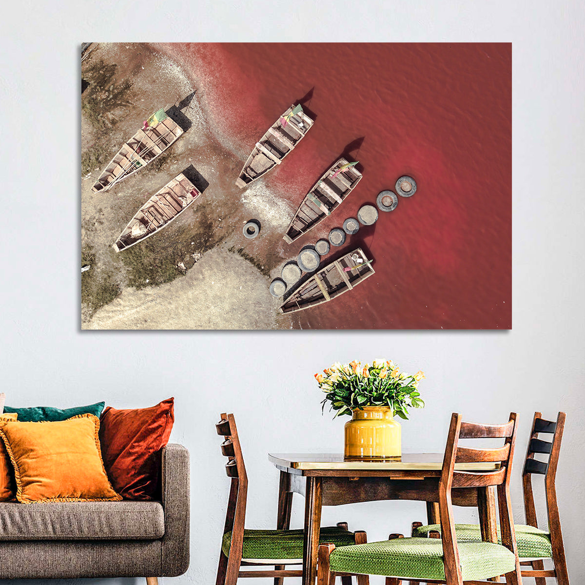 Wooden Boats on Lake Retba Wall Art in a room, landscape