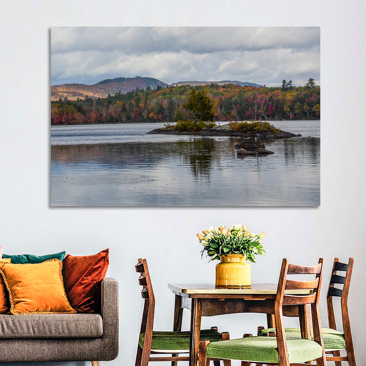 Lake Umbagog Autumn Reflection Wall Art in a room, landscape