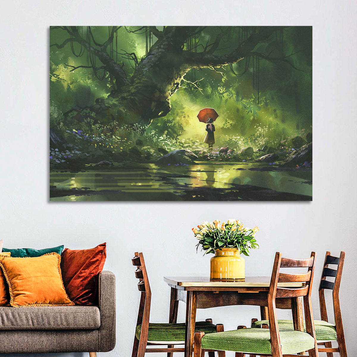 Girl with Umbrella in Mysterious Forest Wall Art in a room, landscape