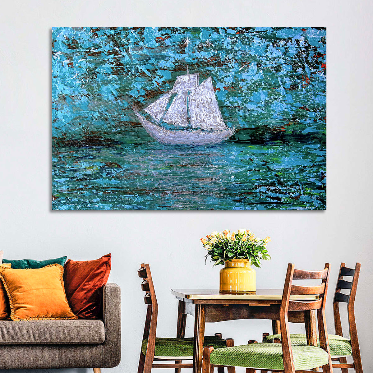 White Sailboat Reflection Wall Art in a room, landscape