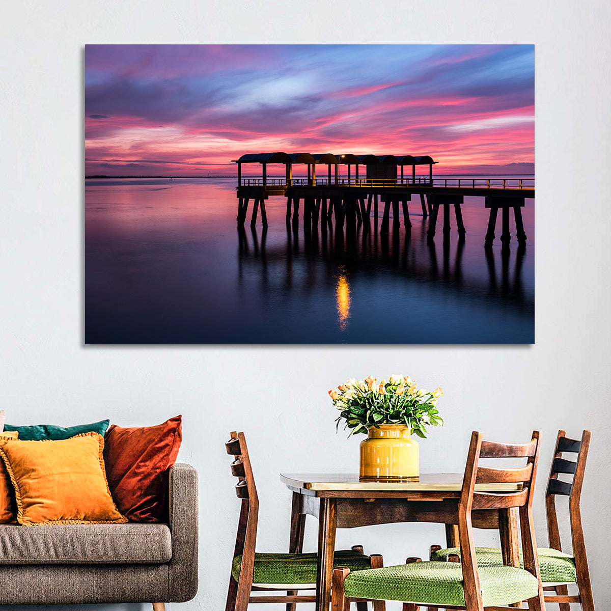 Jekyll Island Dusk Pier Wall Art in a room, landscape