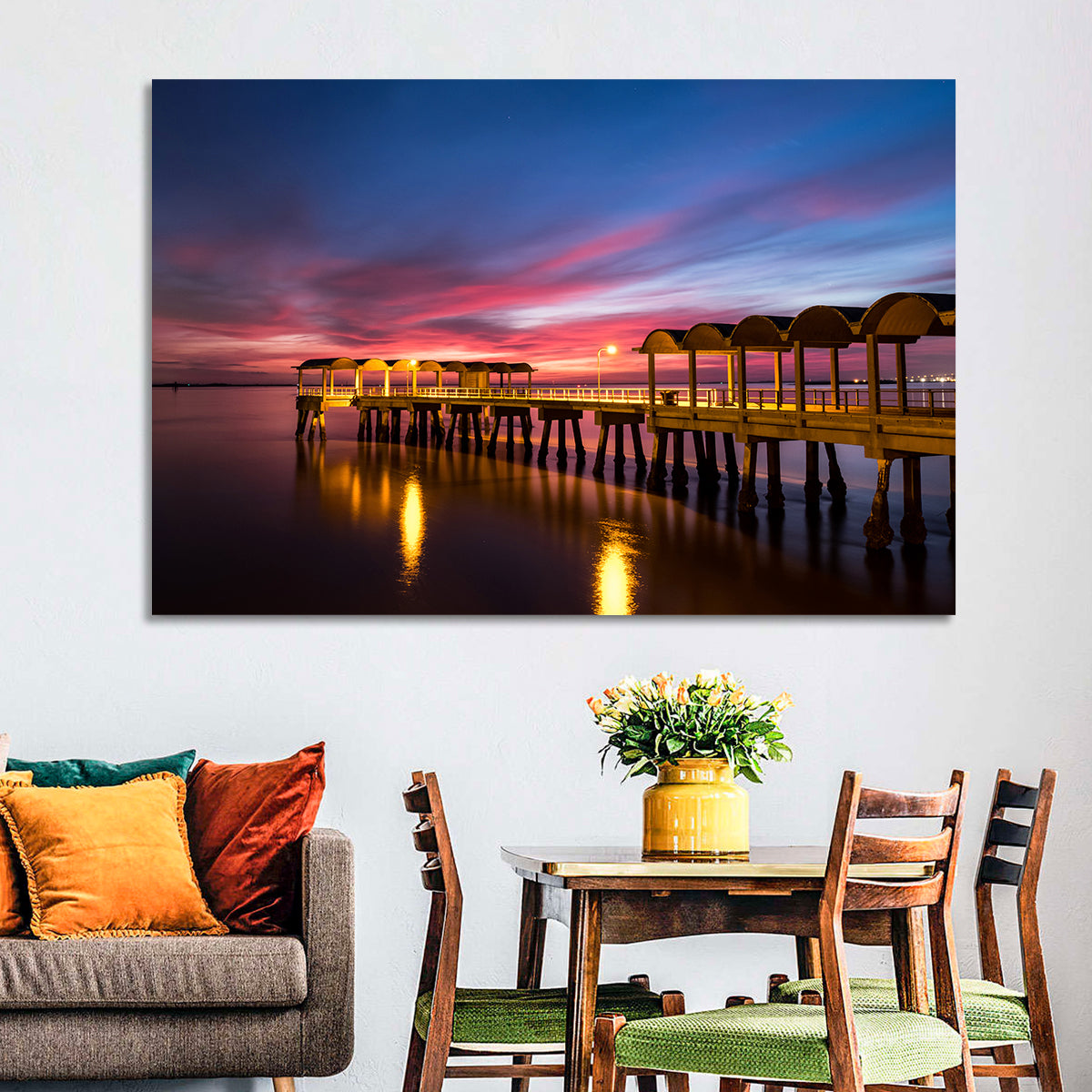 Twilight on Jekyll Island Pier Wall Art in a room, landscape