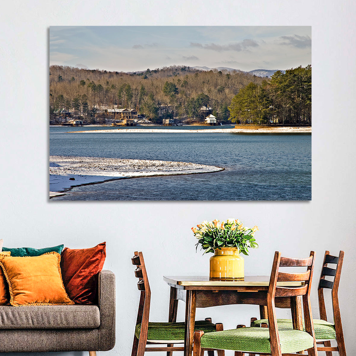 Lake Burton Winter Shoreline Wall Art in a room, landscape