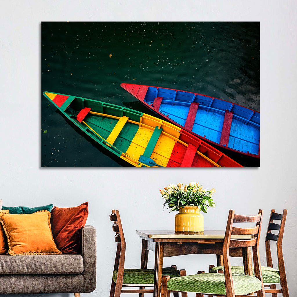 Two Colorful Boats Over Rippling Water Wall Art