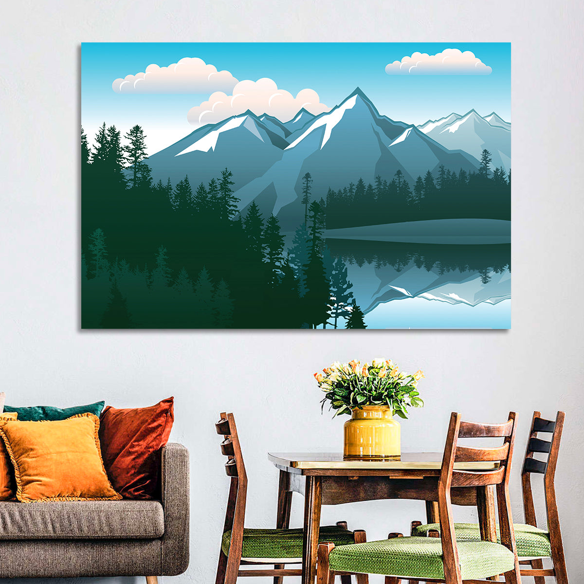 Tranquil Mountain Lake Illustration Wall Art