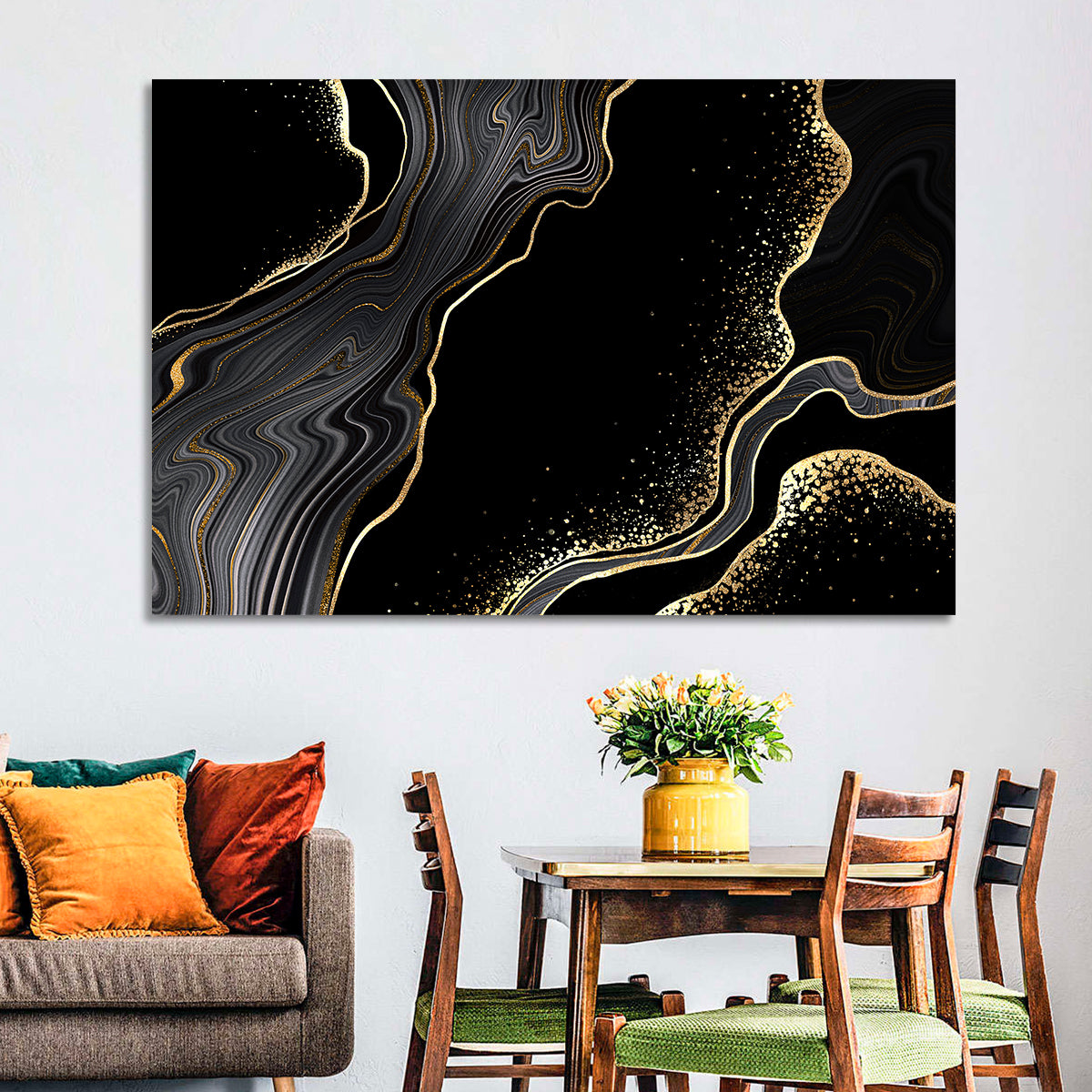 Black Marble with Gold Veins Wall Art in a room, landscape