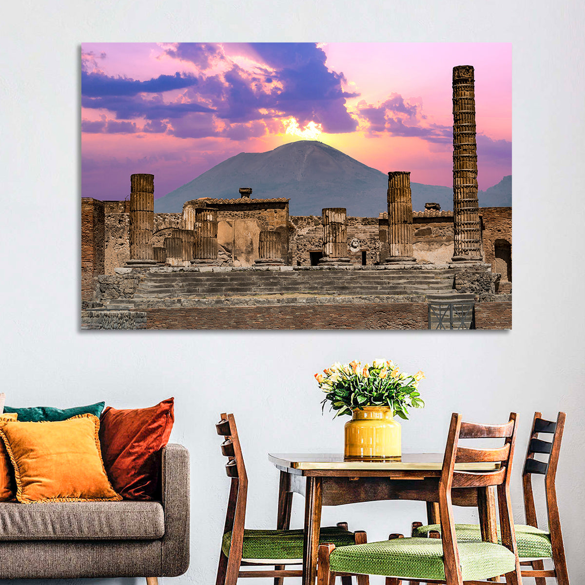 Pompeii Columns at Sunset, Mount Vesuvius Wall Art in a room, landscape