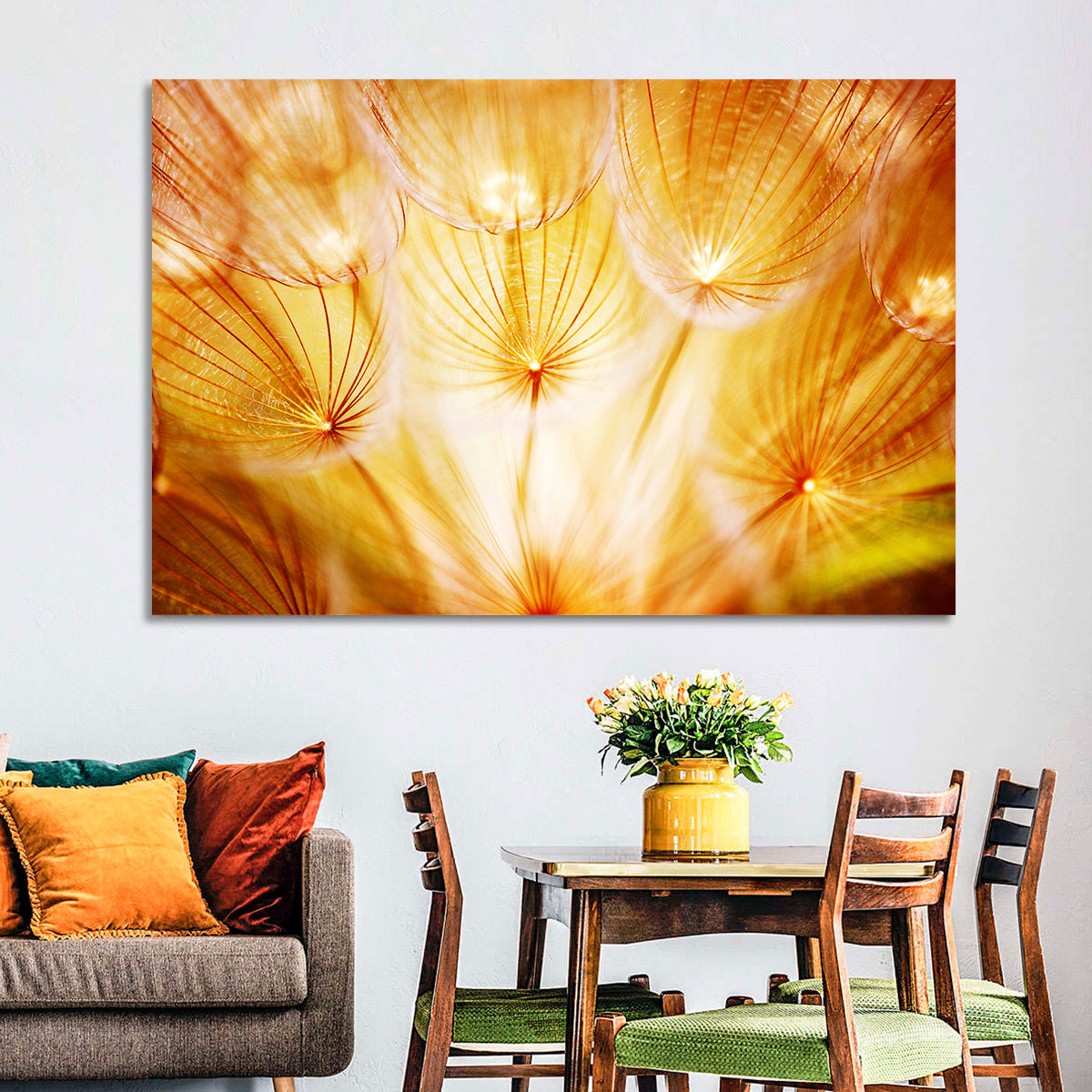 Golden Hour Dandelion Seed Macro Abstract Wall Art in a room, landscape