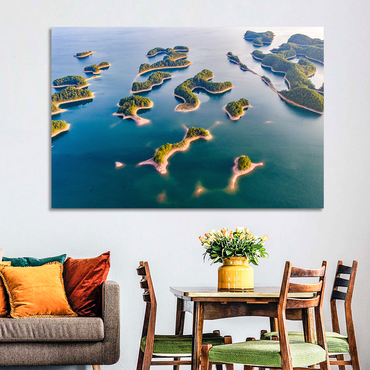 Qiandao Lake Aerial View Wall Art in a room, landscape