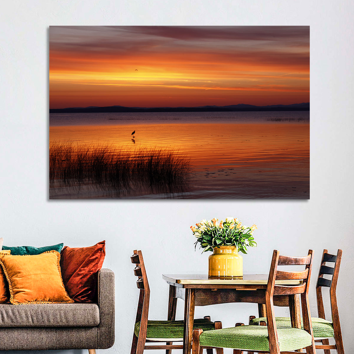 Lake Champlain Sunrise with Heron Wall Art in a room, landscape