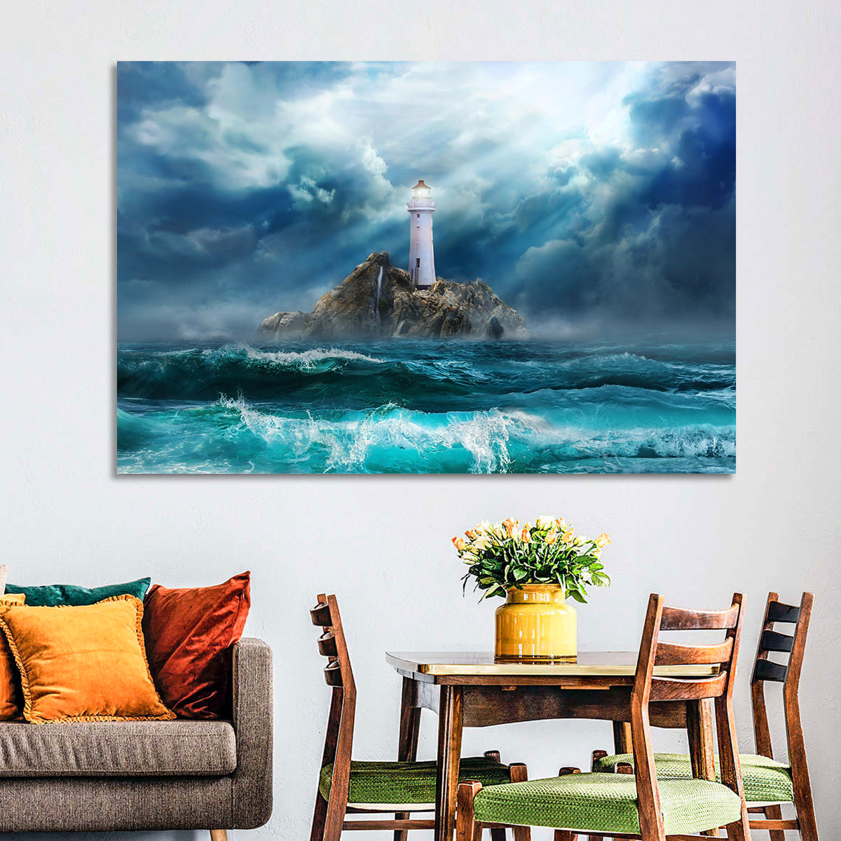 Rocky Island Lighthouse Wall Art in a room, landscape