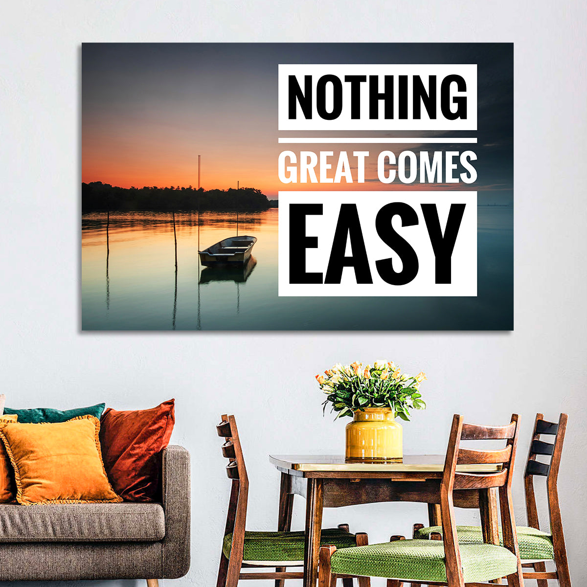 Nothing Great Comes Easy, Boat at Sunrise Wall Art in a room, landscape