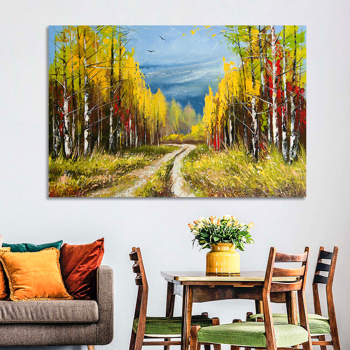 Autumn Birch Path with Two Birds Wall Art